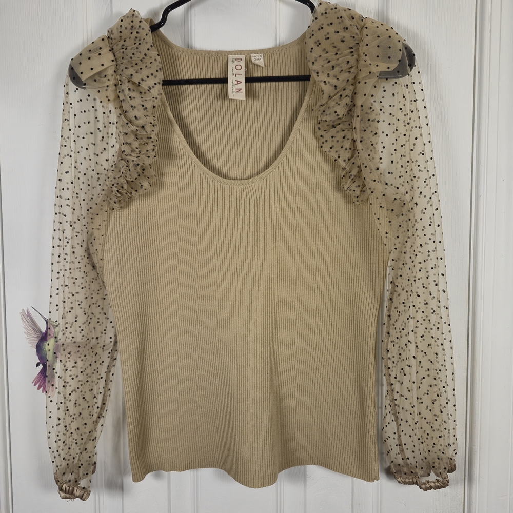 Dolan Anthro Coquette Mesh/Sheer Polka Dot Balloon Sleeve Twee Knit Top Size S